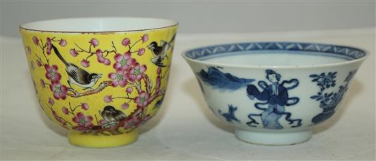 A Chinese porcelain cup and a Chinese blue and white bowl